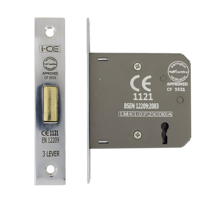 3 Lever Deadlock 75mm CE Rated Satin Nickel Plated