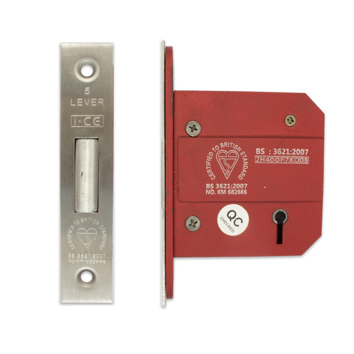 5 Lever Deadlock 63mm British Standard BS3621 Satin Stainless Steel