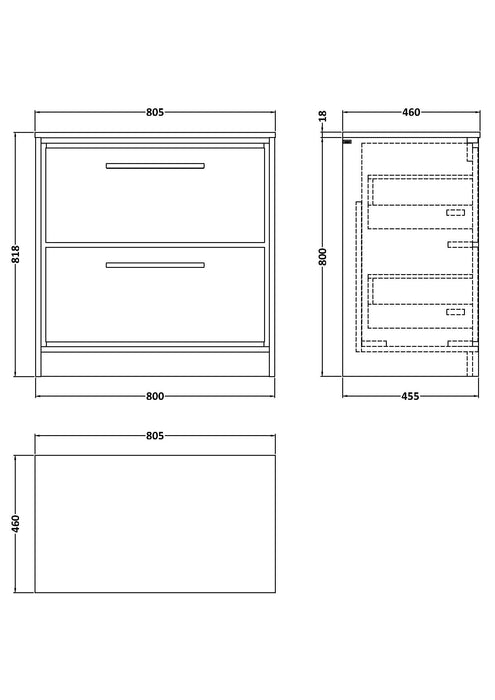 800mm Floor Standing 2-Drawer Vanity with Worktop dimensions