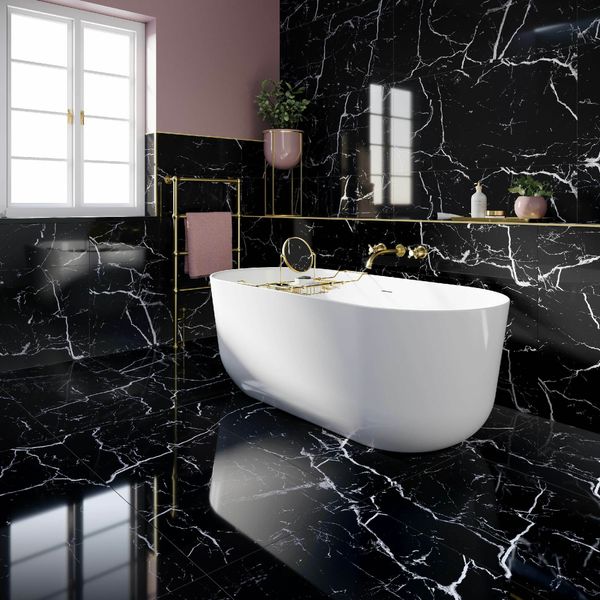 Sample - Genova Black Polished Marble Effect - 600x1200 - Sample Tile