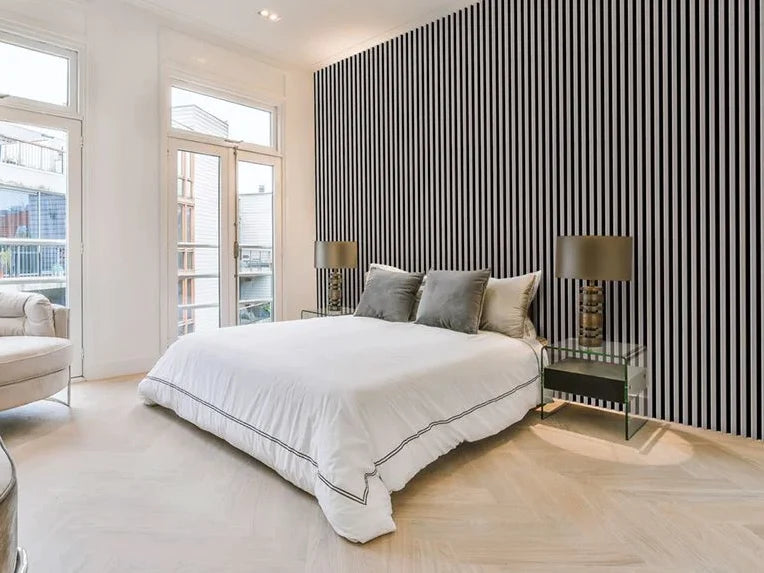 Pebble Grey Cladco Internal Slatted Wall Panels in the bedroom