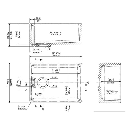 Arley Pro 595mm x 455mm x 254mm Fireclay Single Bowl Belfast Sink With Offset Waste And Weir Overflow