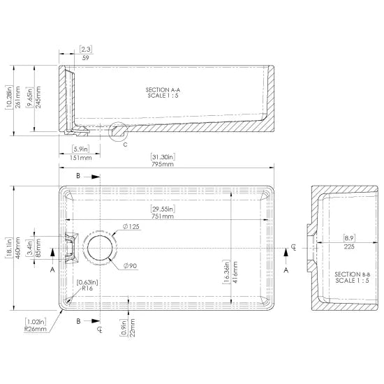 Arley Pro 795mm x 460mm x 245mm Fireclay White Single Bowl Belfast Sink With Offset Waste And Weir Overflow
