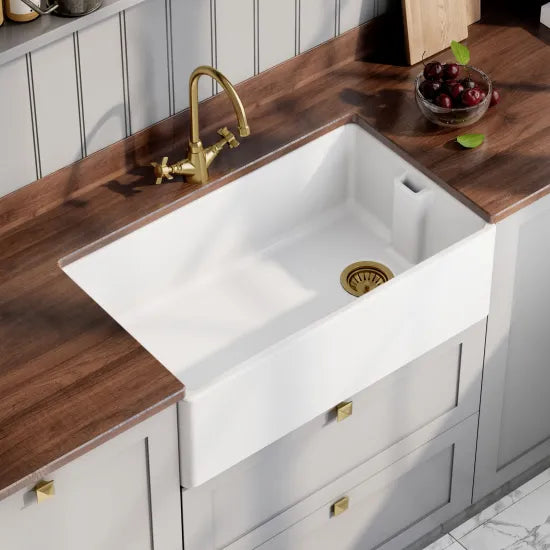 Arley Pro 795mm x 460mm x 245mm Fireclay White Single Bowl Belfast Sink With Offset Waste And Weir Overflow