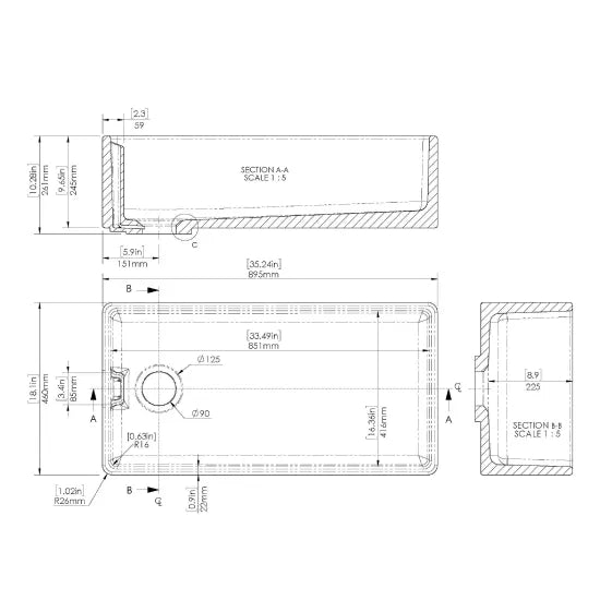 Arley Pro 895mm x 460mm x 245mm Fireclay White Single Bowl Belfast Sink With Offset Waste And Weir Overflow