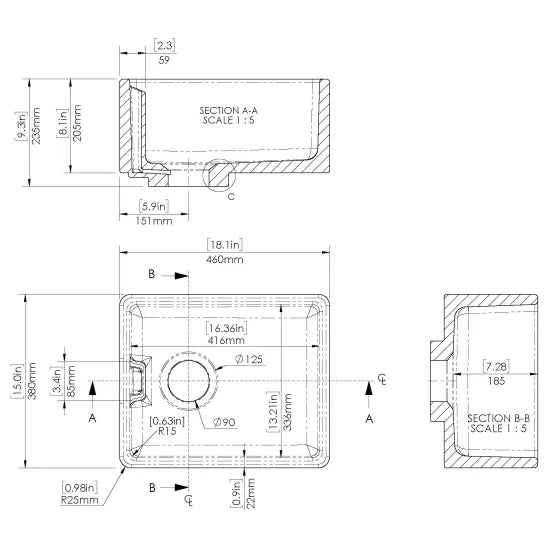 Arley Pro 460mm x 380mm x 205mm Fireclay White Single Bowl Belfast Sink With Offset Waste And Weir Overflow