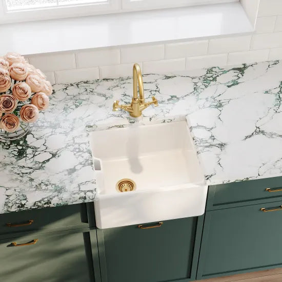 Arley Pro 460mm x 380mm x 205mm Fireclay White Single Bowl Belfast Sink With Offset Waste And Weir Overflow