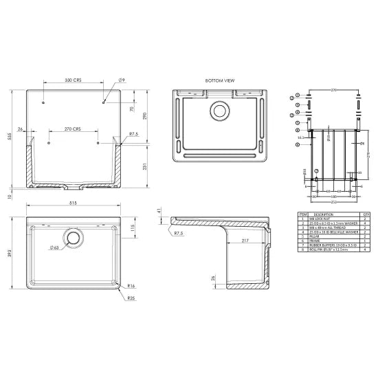 Arley Pro 595mm x 450mm x 220mm Fireclay White Single Bowl Traditional Cleaner Sink With Grid