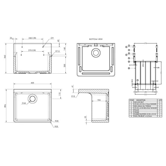 Arley Pro 455mm x 362mm x 396mm Fireclay White Single Bowl Traditional Cleaner Sink With Grid
