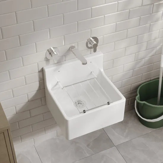 Arley Pro 455mm x 362mm x 396mm Fireclay White Single Bowl Traditional Cleaner Sink With Grid