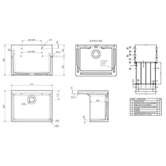 Arley Pro 515mm x 382mm x 393mm Fireclay White Single Bowl Traditional Cleaner Sink With Grid