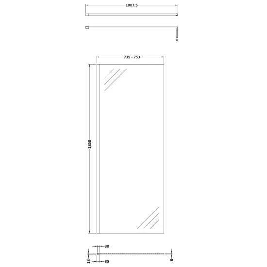 Arley Pro Ralus 8 760mm Chrome Wetroom Screen With Support Bar