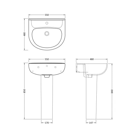 Arley Pro Azara 560mm 1 Tap Hole Ceramic Basin & Pedestal