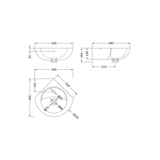 Arley Pro BIAB Original 450mm 1 Tap Hole Wall Hung Ceramic Corner Basin