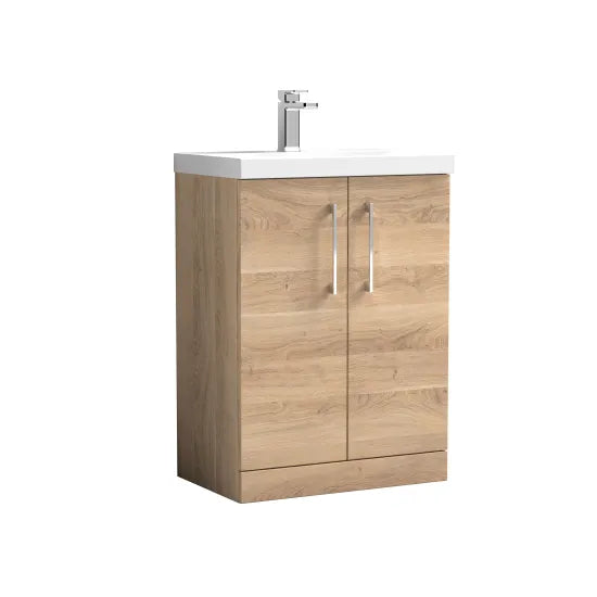 600mm Bleached Oak 2 Door Floor Standing Vanity Unit With Thin Edge Basin