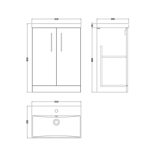 600mm Bleached Oak 2 Door Floor Standing Vanity Unit With Thin Edge Basin