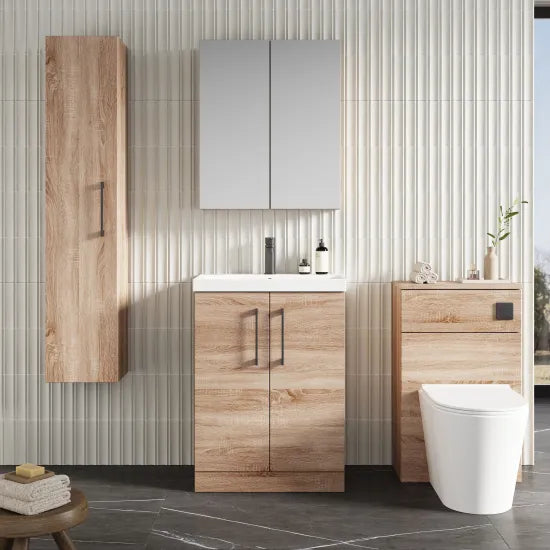 600mm Bleached Oak 2 Door Floor Standing Vanity Unit With Thin Edge Basin