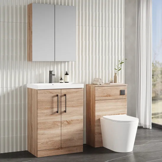 600mm Bleached Oak 2 Door Floor Standing Vanity Unit With Thin Edge Basin