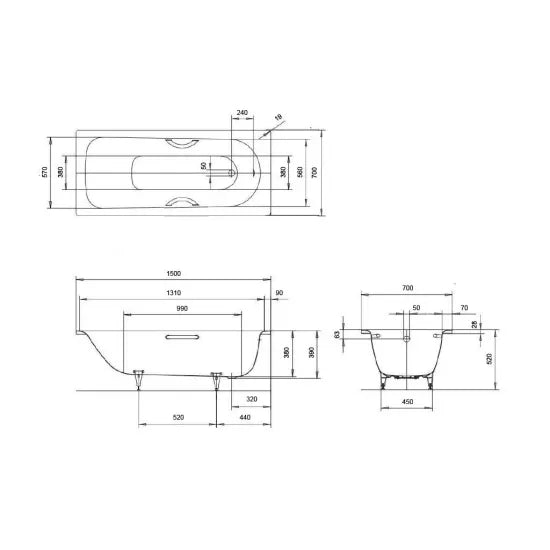 Arley Pro Contract 1500mm 2 Tap Hole Single Ended Steel Bath