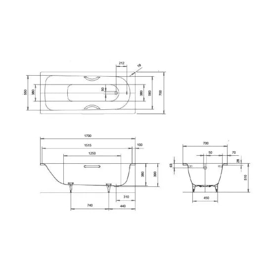 Arley Pro Contract 1700mm 2 Tap Hole Single Ended Steel Bath