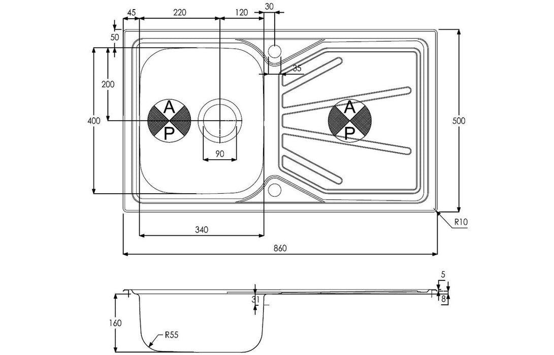 Abode Trydent 1B & Drainer Inset Sink - Stainless Steel