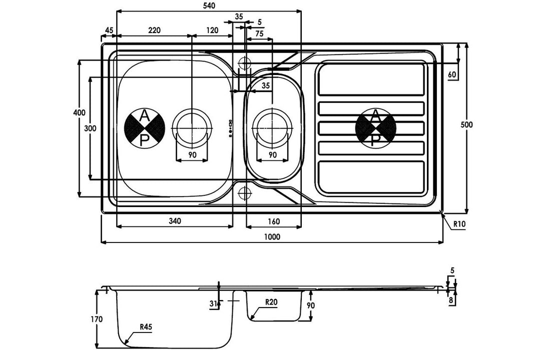 Abode Trydent 1.5B & Drainer Inset Sink - Stainless Steel