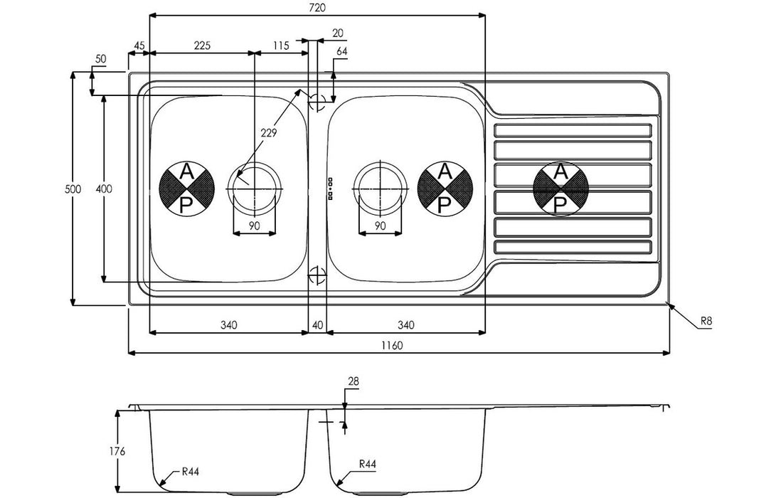 Abode Connekt 2B & Drainer Inset Sink - Stainless Steel