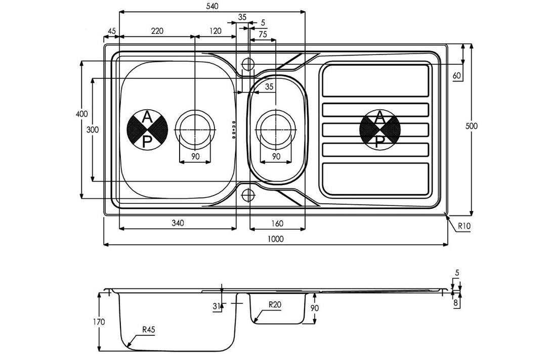 Abode Mikro 1.5B & Drainer Inset Sink (Boxed inc. wastes) - Stainless Steel