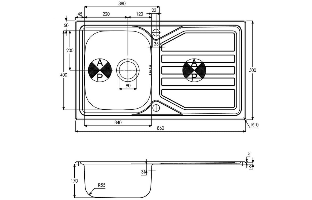 Abode Mikro 1B & Drainer Inset Sink (Boxed inc. waste) - Stainless Steel