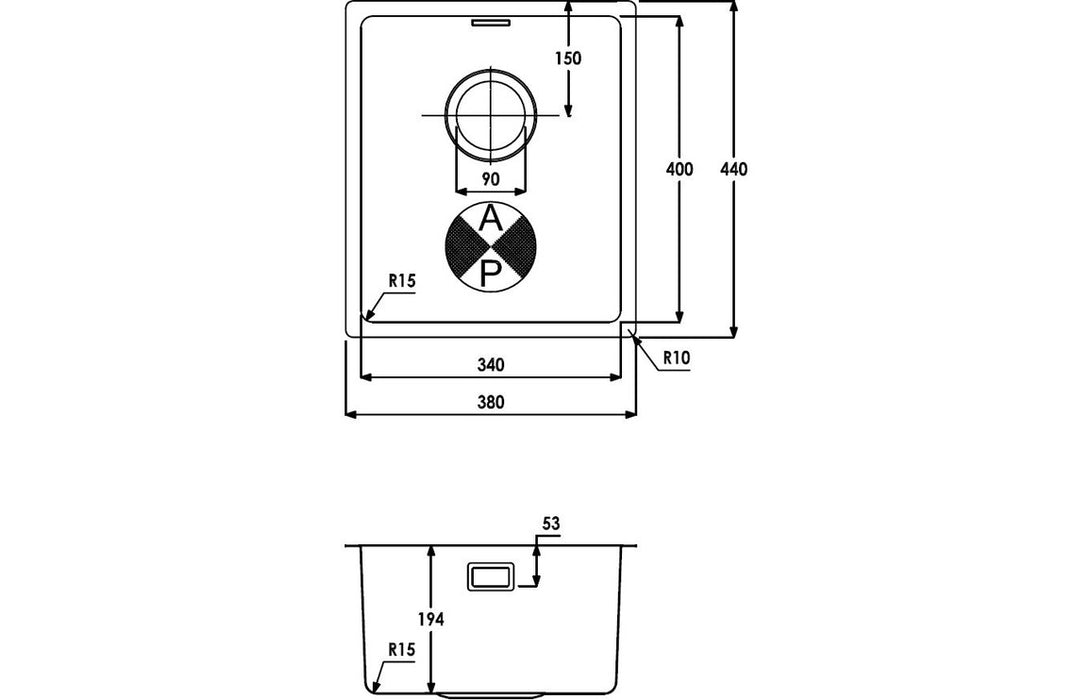 Abode Matrix R15 1B 340mm Undermount/Inset Sink