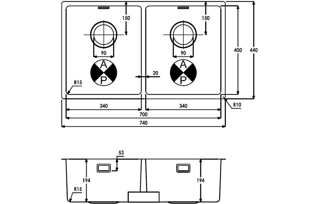 Abode Matrix R15 2B 700mm Undermount/Inset Sink