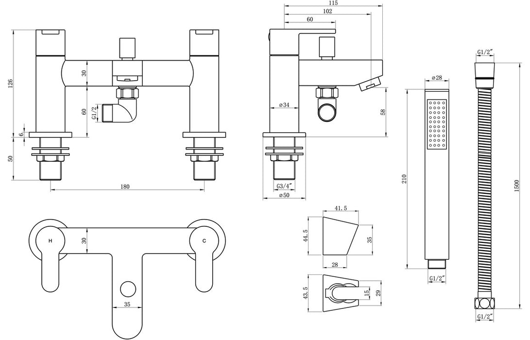 Albano Bath/Shower Mixer & Shower Kit - Chrome