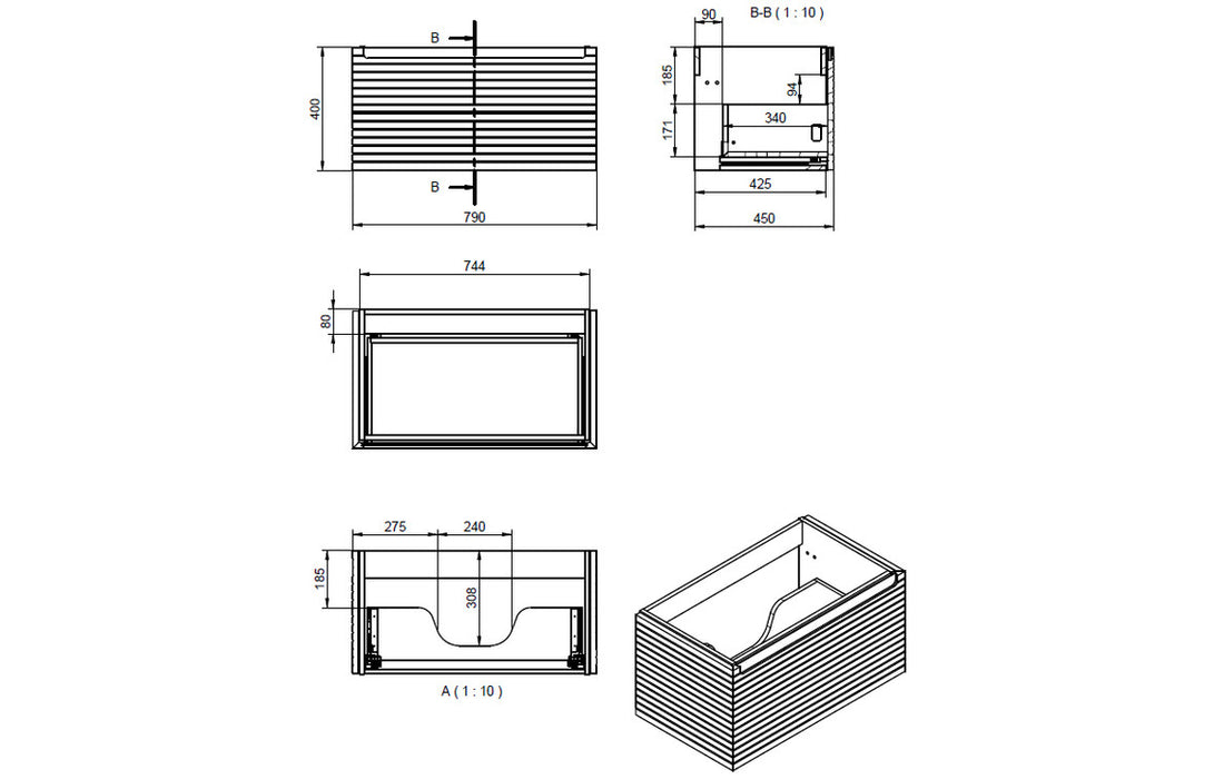 Parallel 815mm Wall Hung 1 Drawer Basin Unit & Basin - Matt Mineral Grey