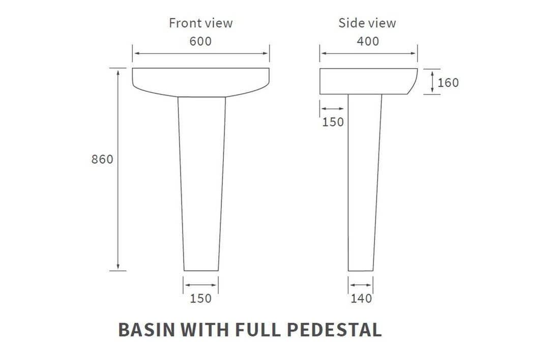 Amara 600x400mm 1TH Basin & Full Pedestal