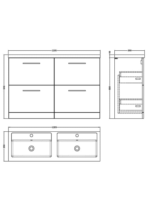 Arno 1200mm Floor Standing 4 Drawer Vanity or Double Basin 1 Line Drawing