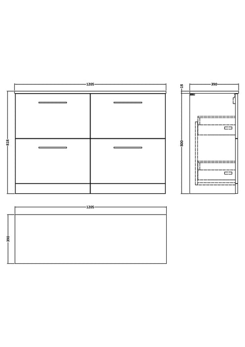 Arno 1200mm Floor Standing 4 Drawer Vanity or Worktop Line Drawing 