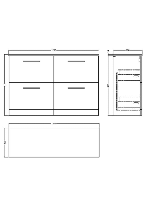 Arno 1200mm Floor Standing 4 Drawer Vanity or Worktop Line Drawing 