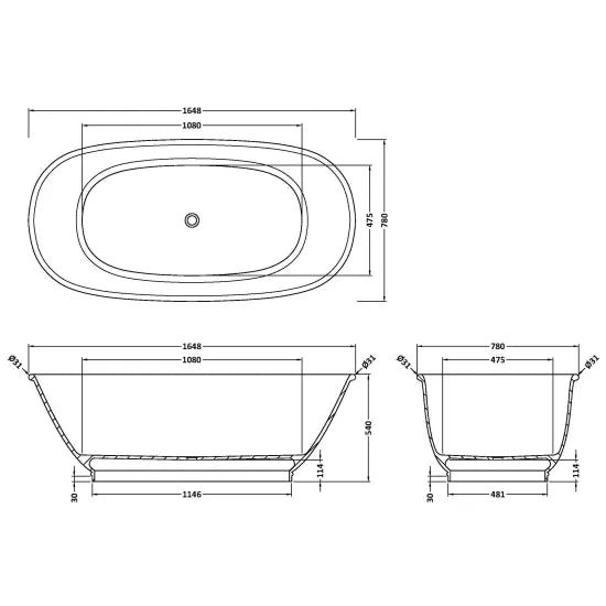 BC Designs Cavendish 1650 x 780mm Powder Grey Oval Bath