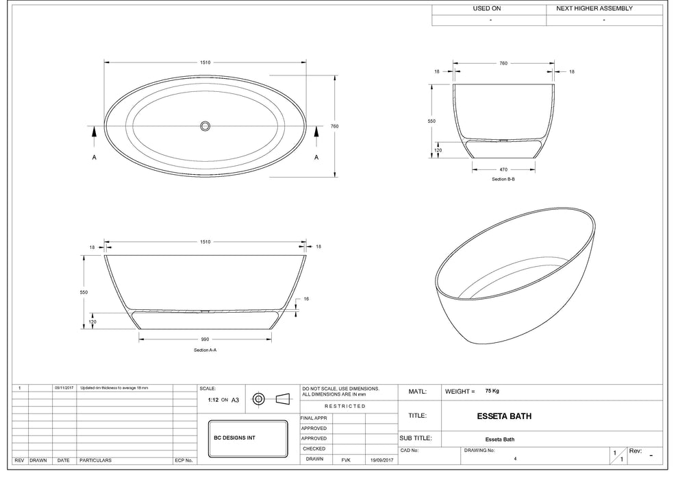 BC Designs Esseta 1510mm  Freestanding Bath