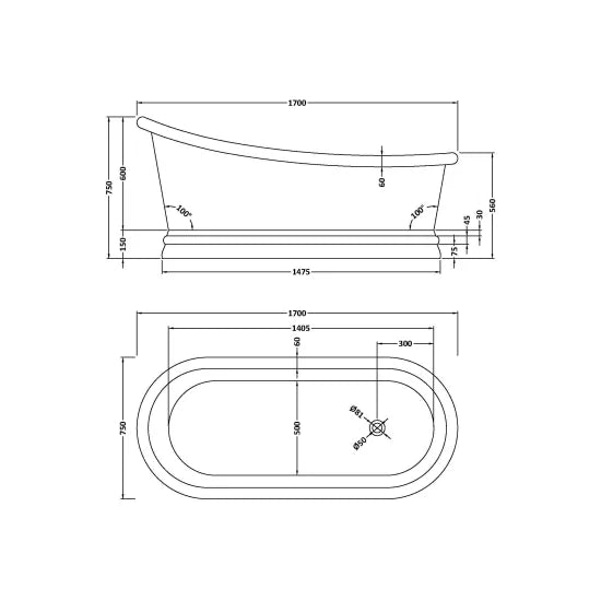 BC Designs 1700mm Copper Nickel Slipper Freestanding Bath