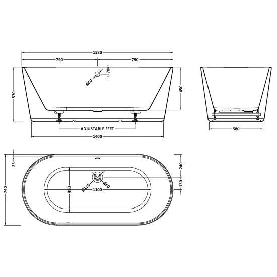 BC Designs Viado 1550mm Freestanding Bath With Waste