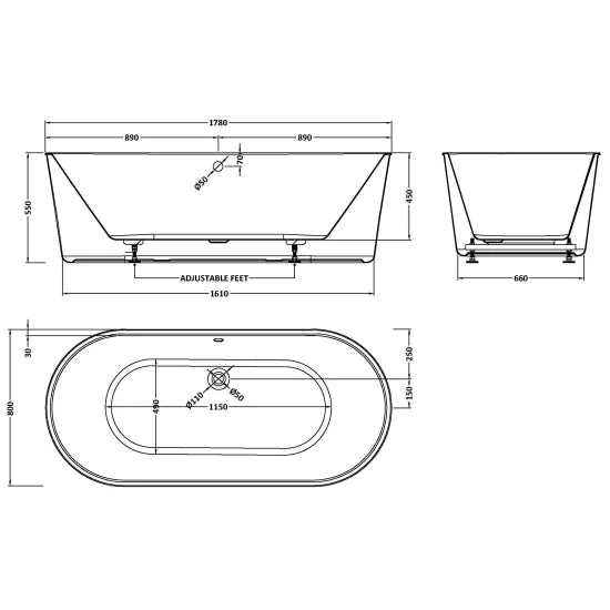 BC Designs Viado 1780mm Freestanding Bath With Waste