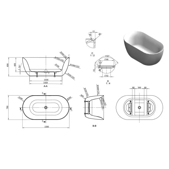 BC Designs Dinkee 1500mm Freestanding Bath With Waste