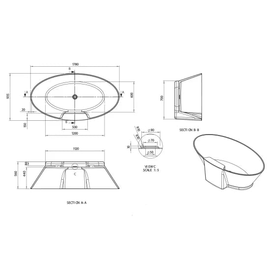 BC Designs Chalice 1780mm Freestanding Bath With Waste