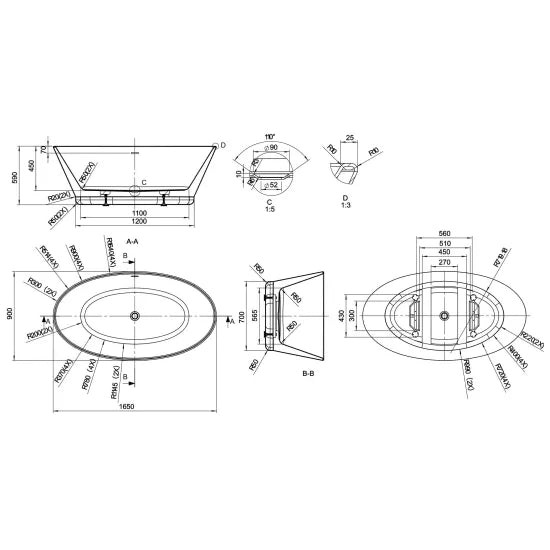 BC Designs Chalice 1650mm Freestanding Bath With Waste