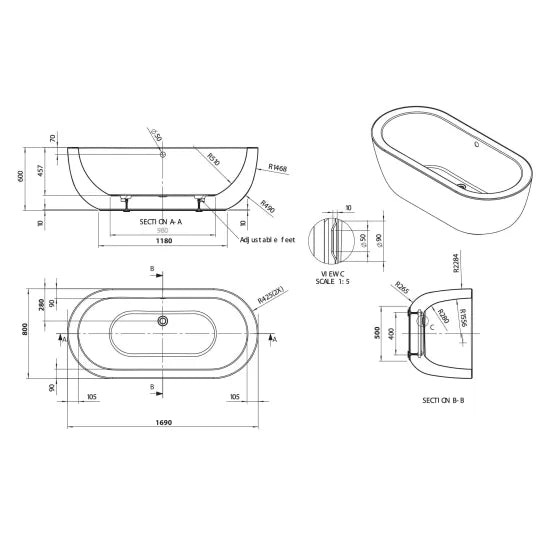 BC Designs Ovali 1690mm Freestanding Bath With Waste