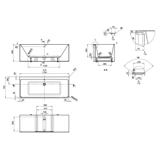 BC Designs Murali 1720mm Back To Wall Bath With Waste