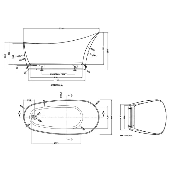 BC Designs Slipp 1590mm Freestanding Bath With Waste