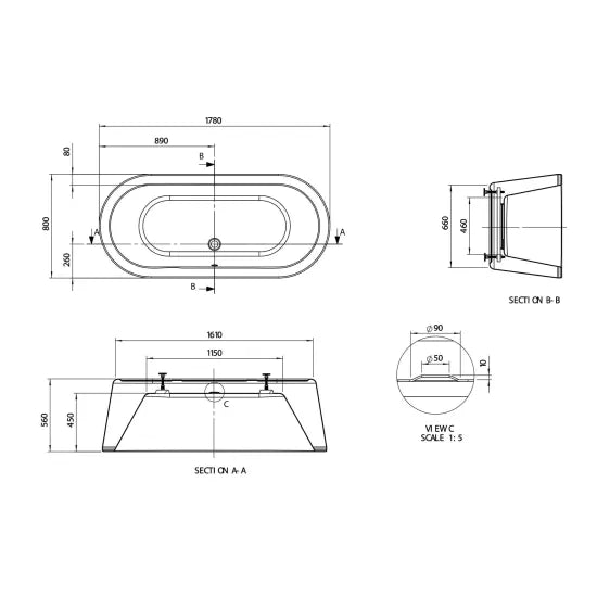 BC Designs Plazia 1780mm Freestanding Bath With Waste
