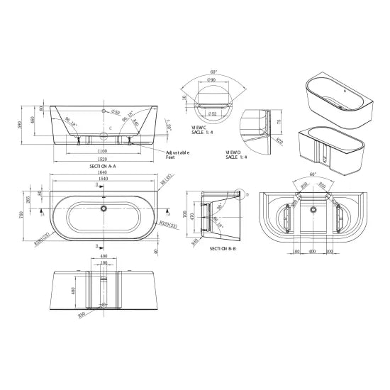 BC Designs Ancora 1640mm Back To Wall Bath